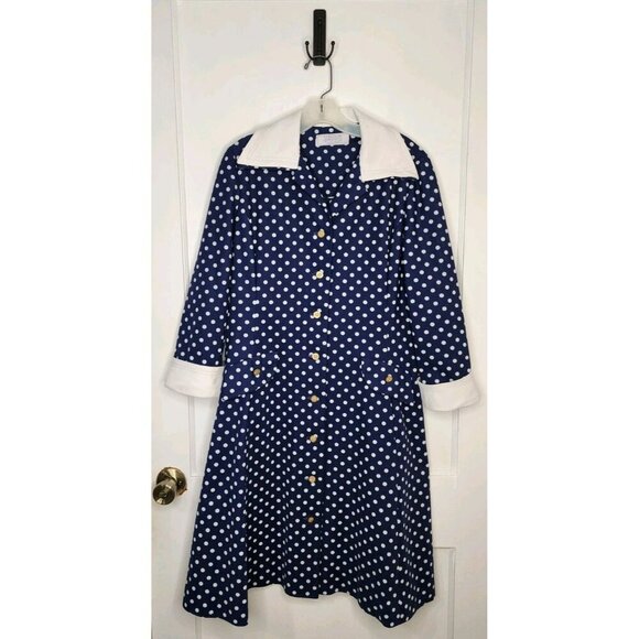Sz Medium Bergdorf Goodman Blue Polka Dot Dress Polyester Gold Buttons - Picture 1 of 4